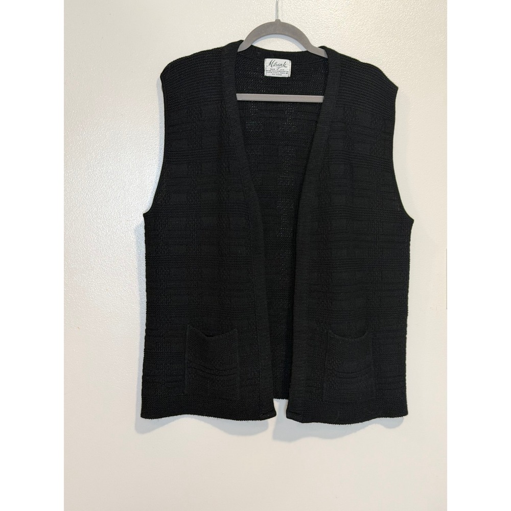 Vintage Milrank Black Knit Vest Open Front Pockets Made in USA Women XL